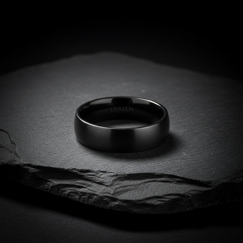 LUMEN Obsidian Steel Ring on dark slate surface