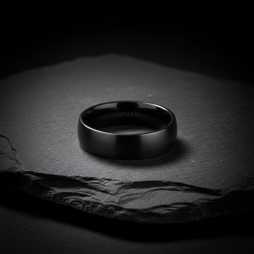 LUMEN Obsidian Steel Ring on dark slate surface