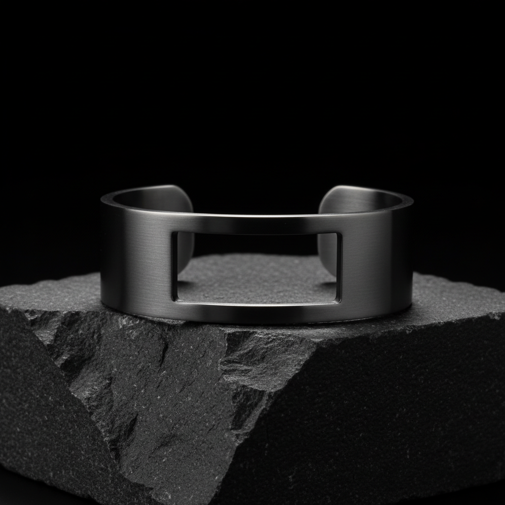 LUMEN Void Cuff Bracelet brushed gunmetal on dark stone surface