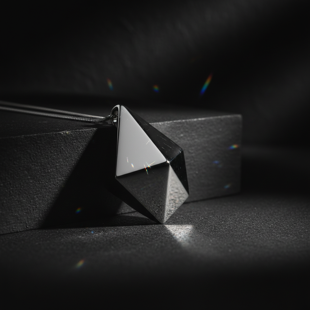 LUMEN Prism Pendant geometric silver necklace on dark surface